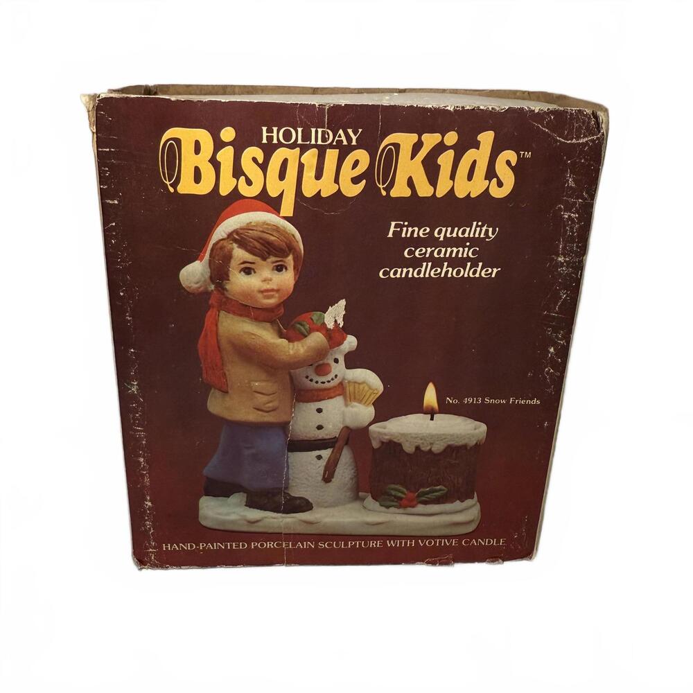 VINTAGE 1980 Holiday‎ Christmas Bisque Kids Snow Friends Candle Holder #1913